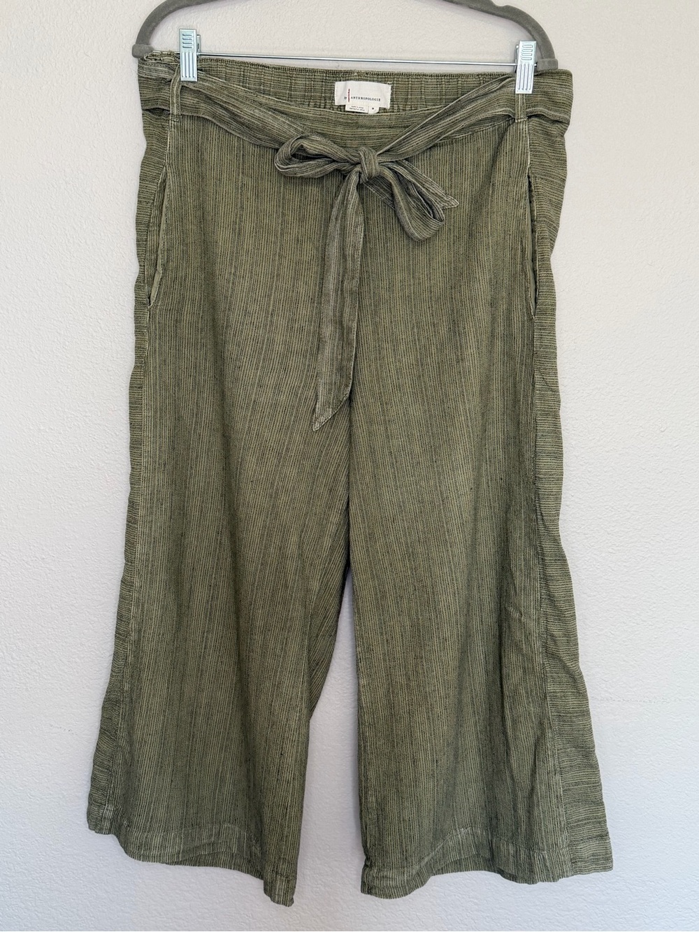 Anthropologie Olive Linen Blend Tie Waist Cropped Wide Leg Pants M